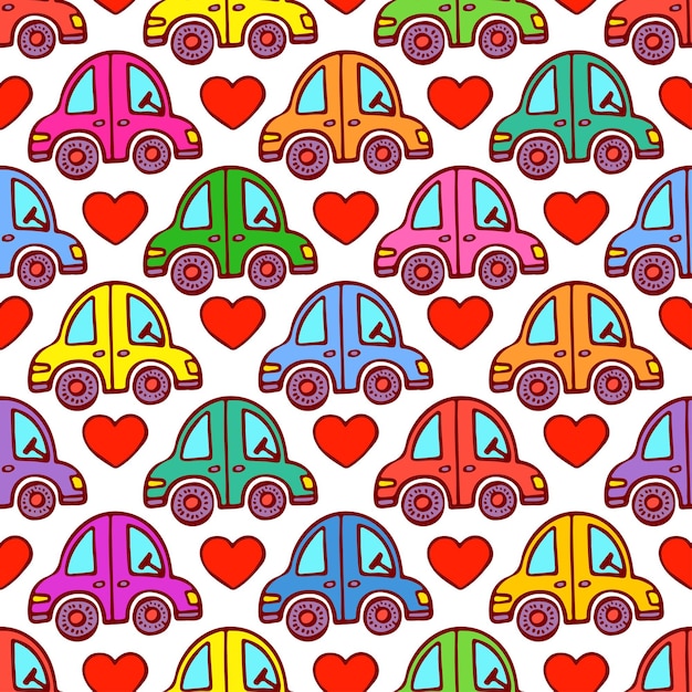 Leuk naadloos patroon van auto's en harten. handgetekende illustratie
