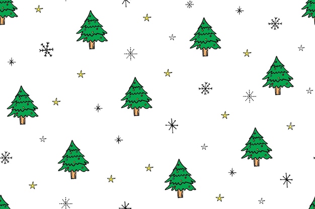 Vector leuk naadloos patroon van kerstboom met feeënlichten sneeuwvlokken en sterren in doodle stijl