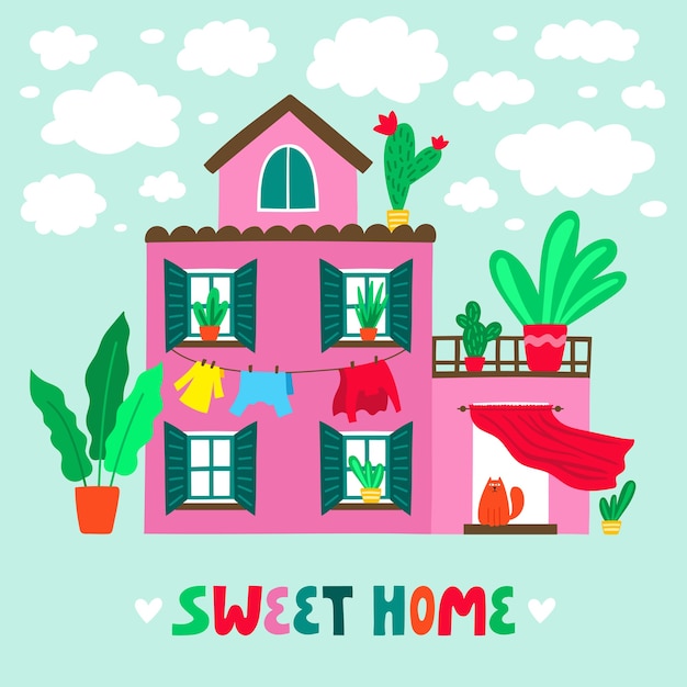 Leuk oranje familiehuis met belettering zin Sweet home. Zomerhuisje met prachtige natuur en bloeiende planten. Landgoed. Cartoon kleurrijk