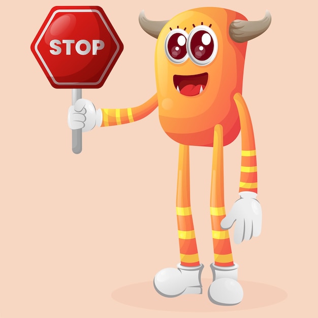 Leuk oranje monster met stopbord straatnaambord verkeersbord