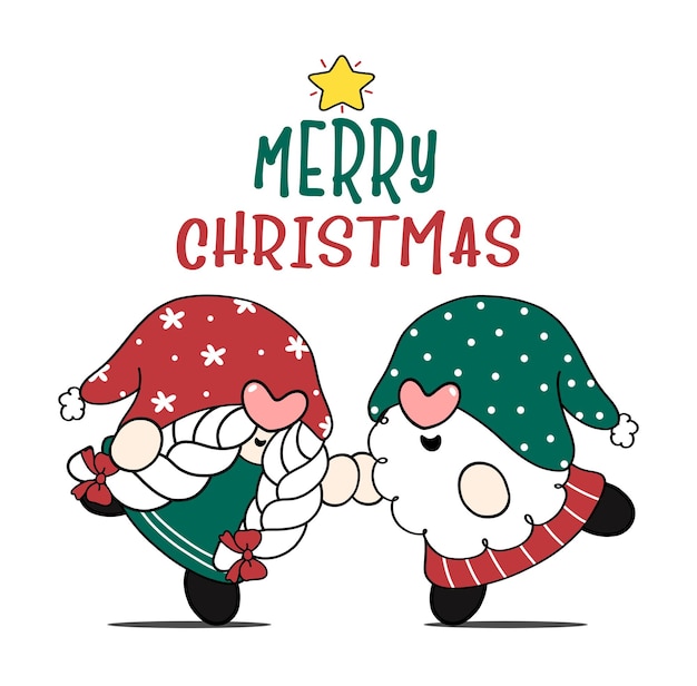 Leuk paar christmas gnome jongen en meisje dansen merry christmas wenskaart idee cartoon doodle