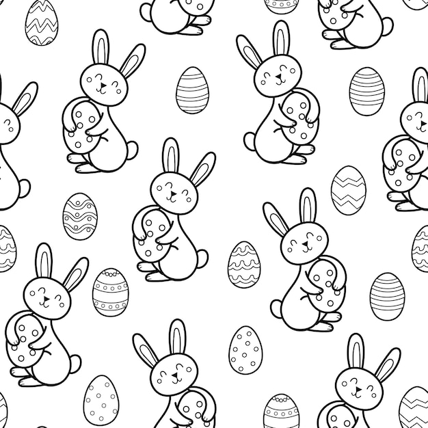 Leuk pasen-konijn met kleurende paginaillustratie van het ei zwart-wit naadloze patroon