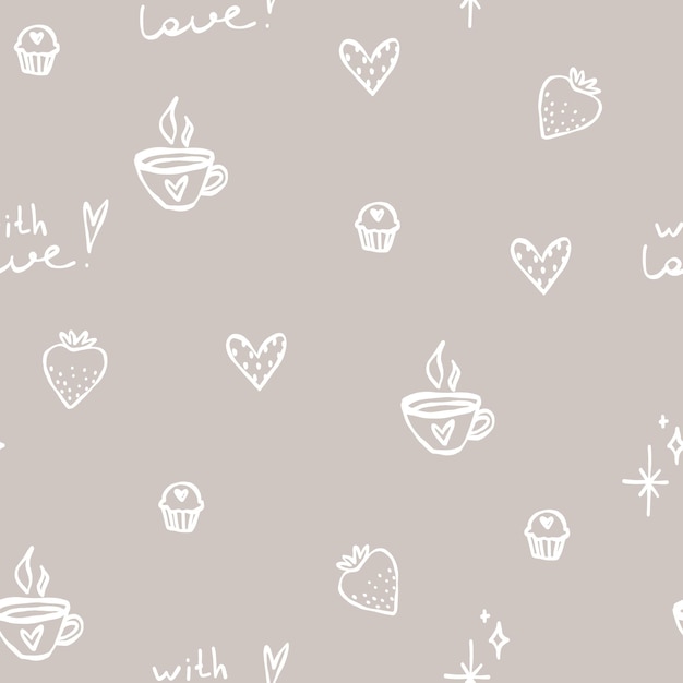 Leuk pastelbruin patroon met witte doodle lijn koffie thee café muffins aardbei dessert