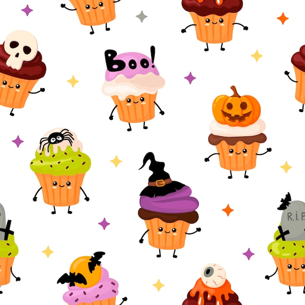 Leuk patroon met kawai Halloween cupcakes in cartoon-stijl