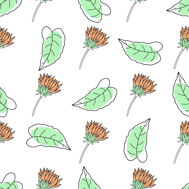 Leuk patroon met oranje doodle zonnebloemen en groene bladeren op een witte achtergrond voor het ontwerp van textiel bedlinnen kinderkleding inpakpapier