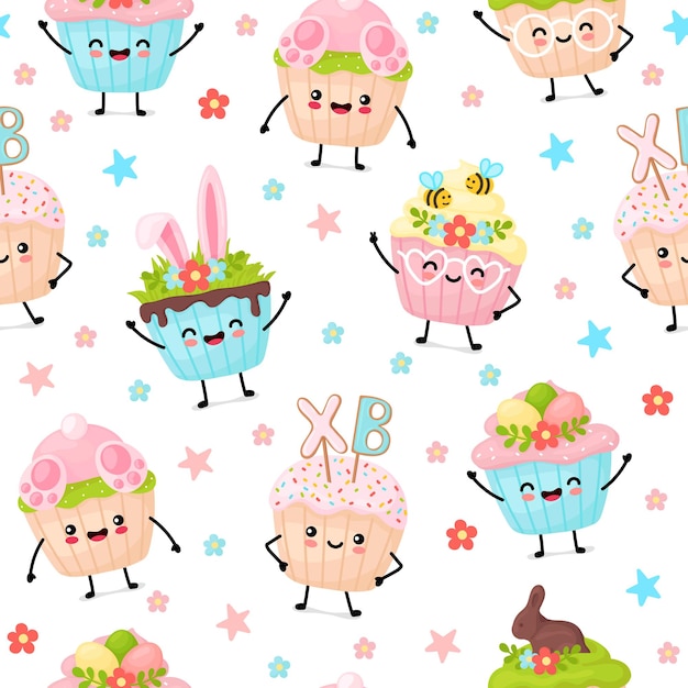 Leuk patroon met pasen kawaii cupcakes. cartoon-stijl vector