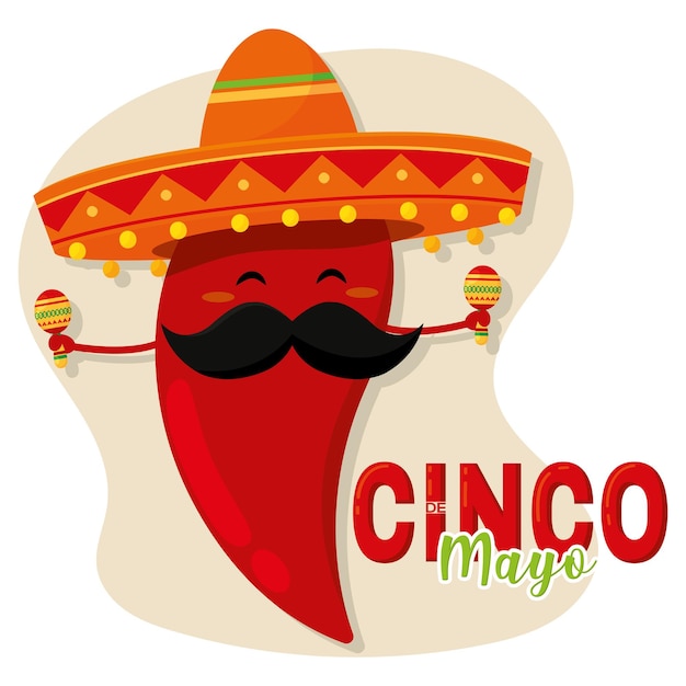 Leuk peperkarakter met Mexicaanse hoed en maracas Cinco de mayo Vectorillustratie