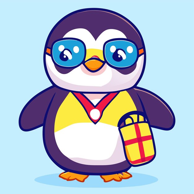 Leuk pinguïn cartoon personage met een zomer outfit met de hand getekend plat stijlvol