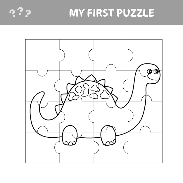 Leuk puzzelspel. Vectorillustratie van puzzelspel met happy cartoon dino