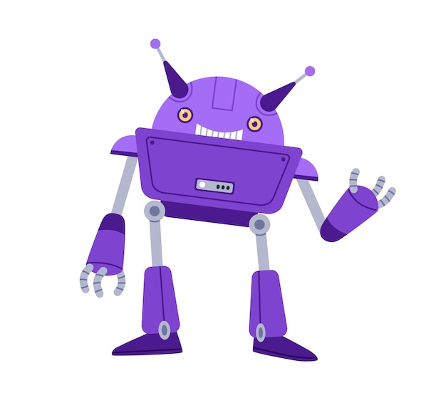 Vector leuk robotspeelgoed. grappige kinderachtige bot met lachend gezicht, hallo zeggen en gebaren. portret van vriendelijke humanoïde machine voor kinderen. platte cartoon vectorillustratie geïsoleerd op een witte achtergrond