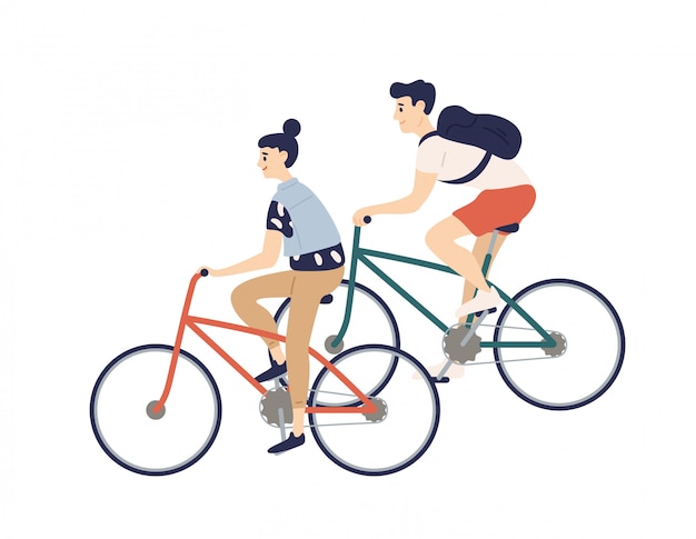 Leuk romantisch paar paardrijden fietsen. jonge man en vrouw op fietsen geïsoleerde illustratie