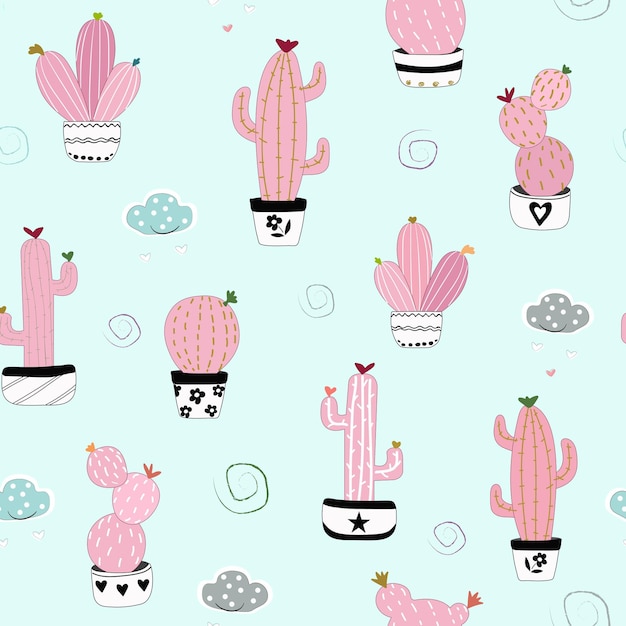 Vector leuk roze cactuspot naadloos patroon