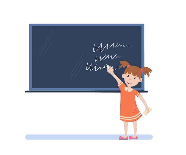 Leuk schoolkindmeisje antwoordt in de les terwijl ze met krijt in haar handen staat