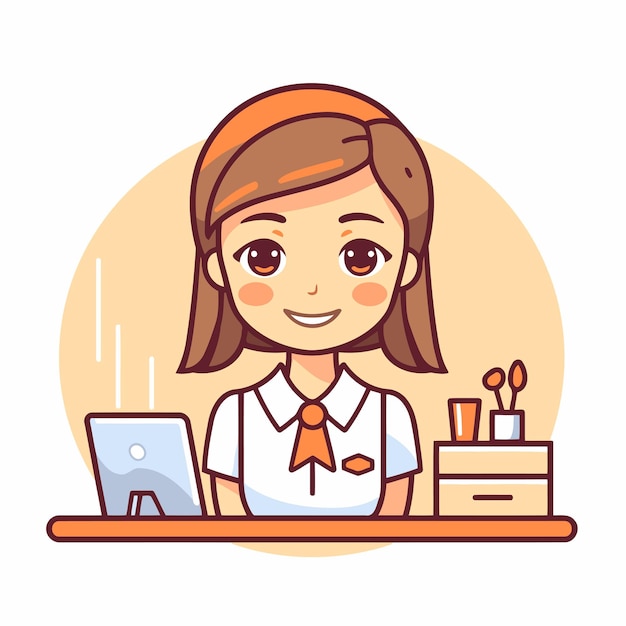 Leuk schoolmeisje met laptop Vector illustratie in cartoon stijl