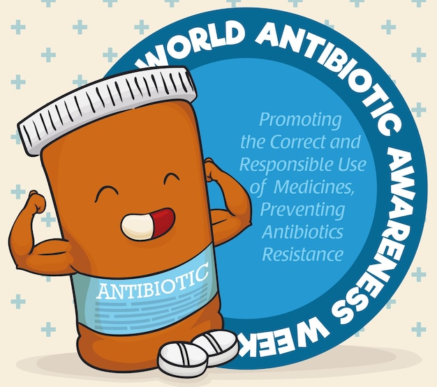 Leuk superantibioticum met een ronde knop met een verantwoorde boodschap voor Antibiotica Awareness Week