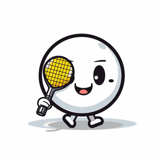 Leuk tekenfilmpersonage met een tennisbal met racketvectorillustratie op witte achtergrond