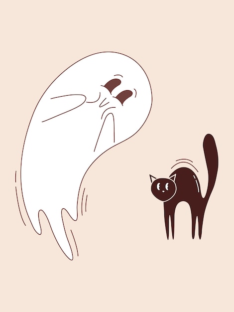 Leuk vliegend spook personage met zwarte kat Halloween zwart kitten en spook in groovy