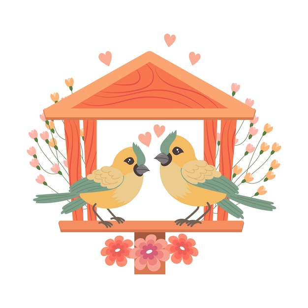 Leuk vogelhuis met vogels versierd met bloemen en bladeren Lente clip art in platte cartoon stijl