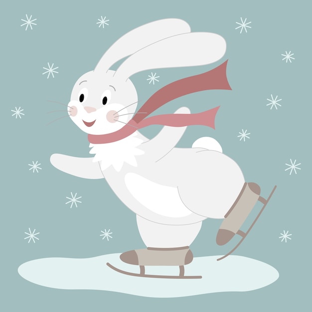 Leuk wit konijn met een rode sjaal op schaatsen. Cartoon karakter illustratie.