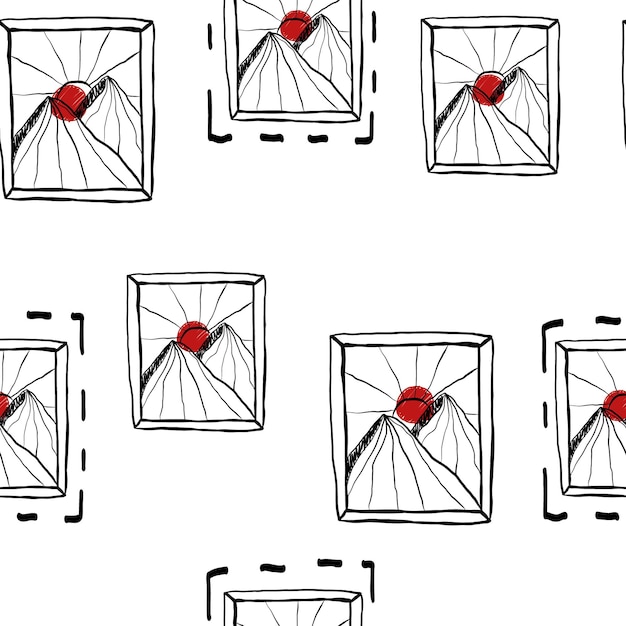 Leuk wit patroon, doodle zwarte frames met bergen en de rode zon, naadloze achtergrond