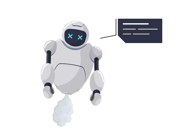 Leuk wit vliegend robotkarakter gebroken. futuristische chatbot-mascotte uitgeschakeld met tekstballon. tech cartoon online bot communicatiefout. robotic ai assistentie praten mislukt. vector illustratie