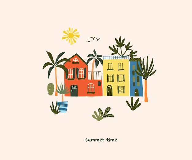 Leuk zomerhuis op strand met palmbomen en zon. Gezellige hygge Scandinavische stijlsjabloon voor briefkaart, wenskaart, t-shirt design. Vectorillustratie in platte handgetekende cartoonstijl