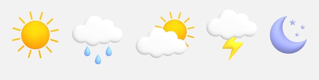 Leuke 3D-tekenfilmweerpictogrammen instellen Zon maan ster bliksem wolk regendruppels