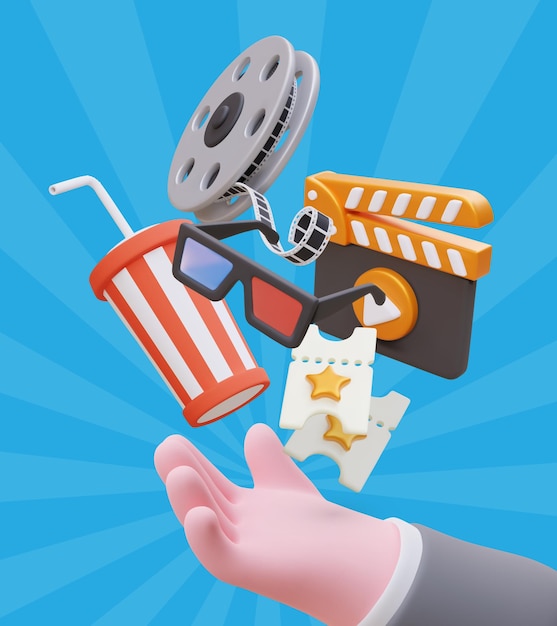 Leuke aanbieding om film te kijken. Realistische handbioscoopthema-objecten