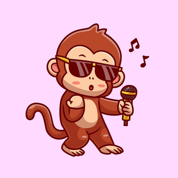 Vector leuke aap die zingt met microfoon cartoon vector icon illustratie diermuziek geïsoleerd plat