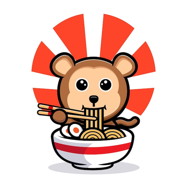 Leuke aap eten ramen noodle cartoon mascotte