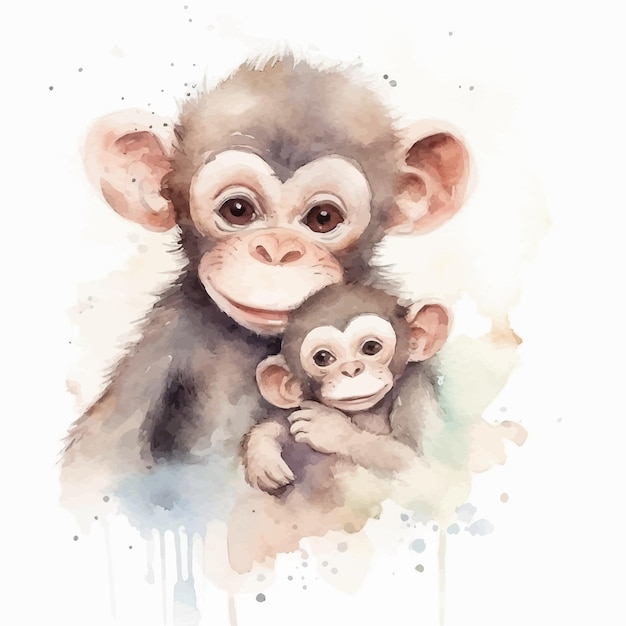 Vector leuke aap met haar baby cartoon in waterverf schilderij stijl
