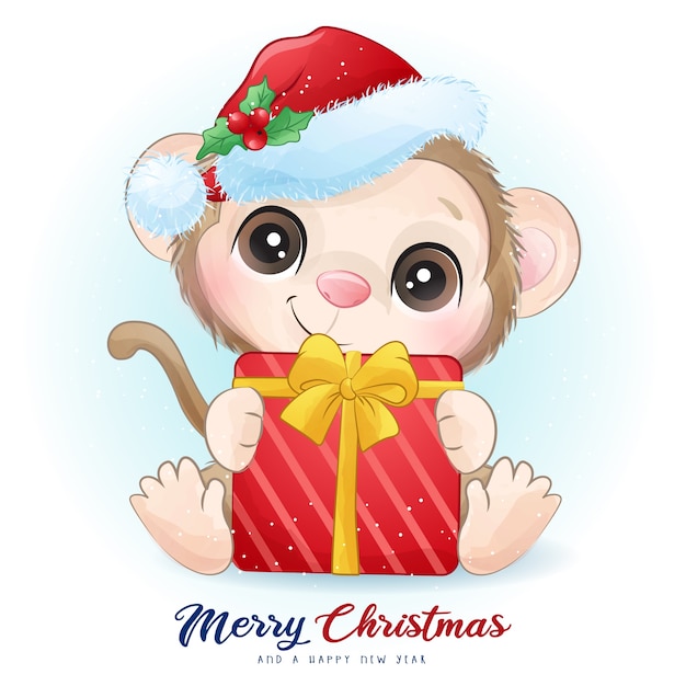 Leuke aap voor eerste kerstdag met aquarel illustratie