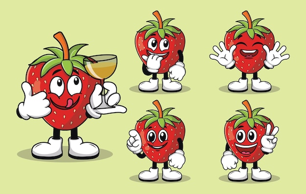 Leuke aardbei fruitmascotte met verschillende soorten uitdrukkingen set collectie