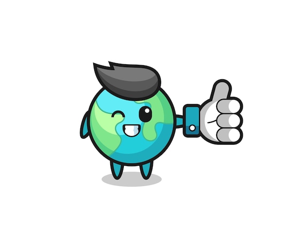 Leuke aarde met social media thumbs up symbool, schattig stijlontwerp voor t-shirt, sticker, logo-element