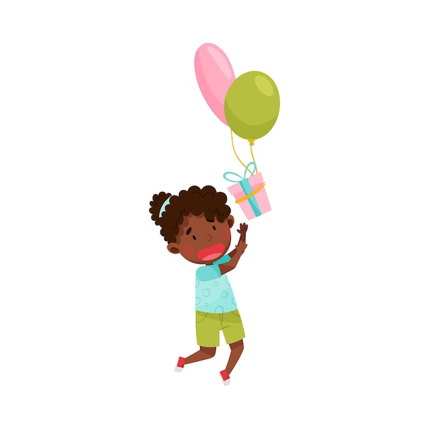 Leuke Afrikaans-Amerikaanse meisje karakter vangen geschenkdoos met ballonnen vector illustratie