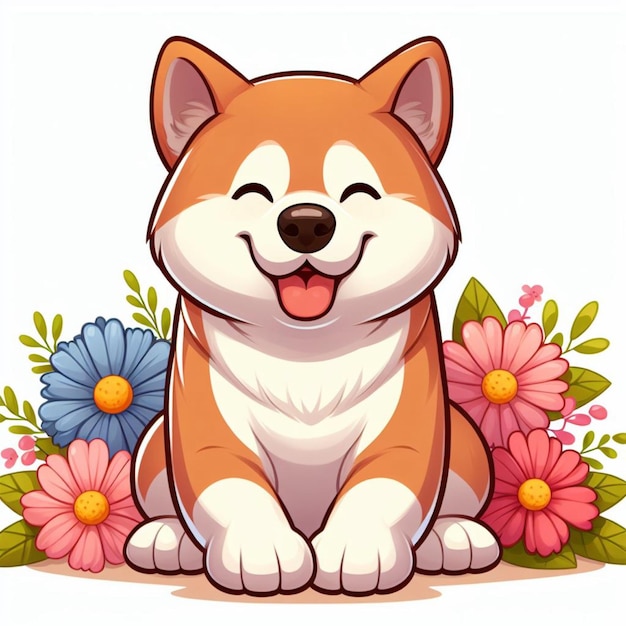 Vector leuke akita hond en bloemen vector cartoon illustratie