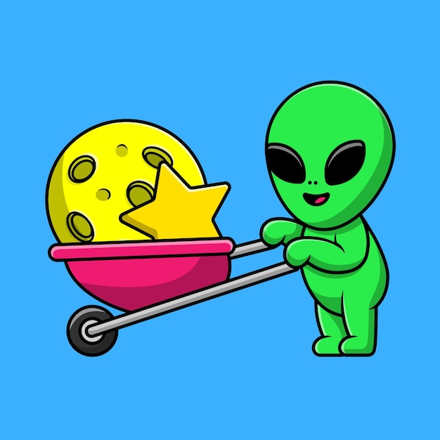 Leuke Alien Breng Maan En Ster Met Trolley Cartoon Vector Pictogram Illustratie