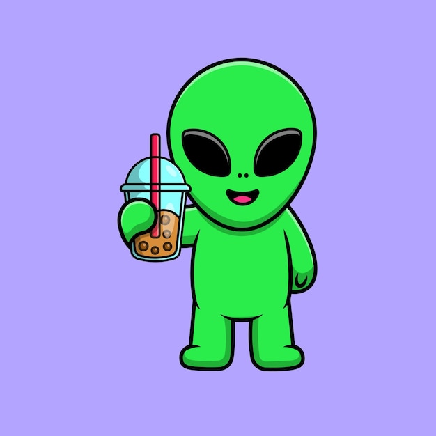 Leuke Alien Holding Boba Milk Tea Cartoon Vector Icon Illustration