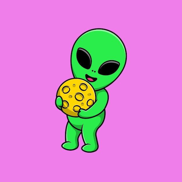 Leuke Alien Holding Maan Cartoon Vector Icons Illustratie