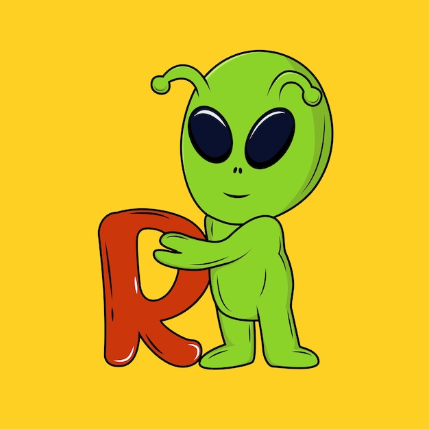 Leuke Alien met R Letter Cartoon Sticker vectorillustratie