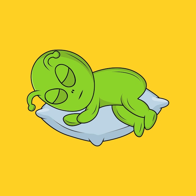 Leuke Alien slapen op kussen Cartoon Sticker vector illustratie