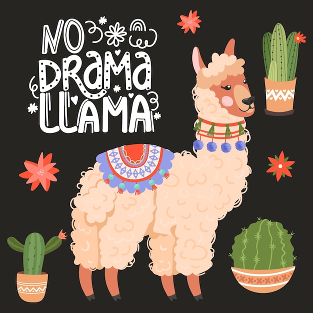 Vector leuke alpaca geen drama lama inspirerende belettering zin met cactus en bloemen