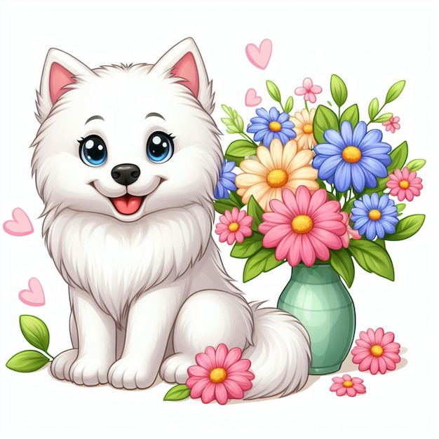 Leuke Amerikaanse Eskimo Hond cartoon Vector Stijl witte achtergrond