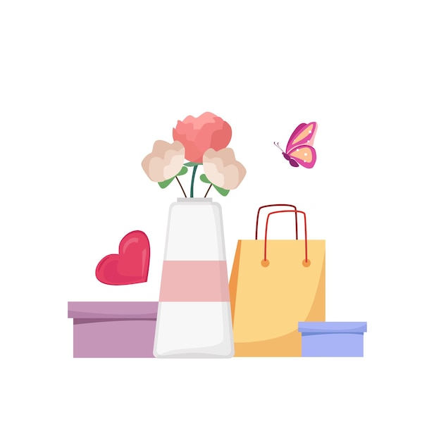 Vector leuke ansichtkaart voor de vakantie van de lentevrouwen cartoon vectorillustratie met geschenken bloemen