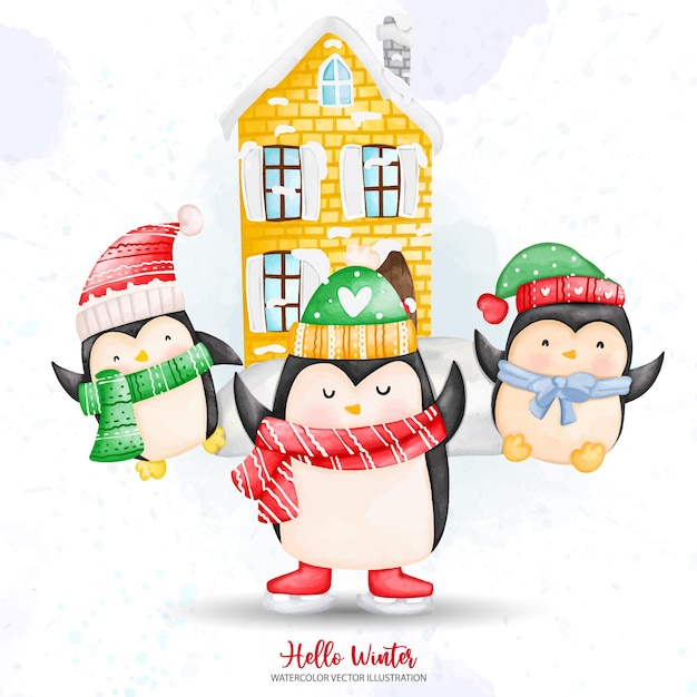 Leuke aquarel kerstpinguïn in winterdoek met huis Digitale verf aquarel illustratie