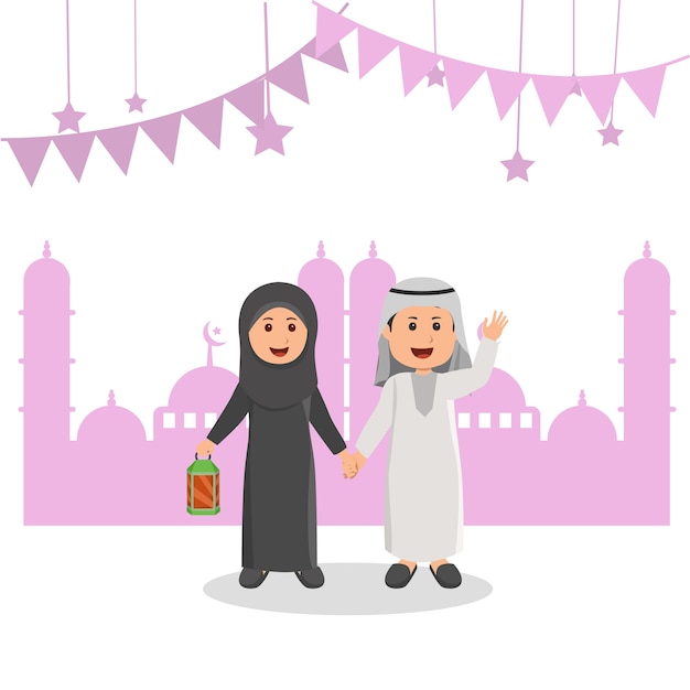 Leuke arabische moslimjonge geitjes illustratie ramadhan greeting cartoon