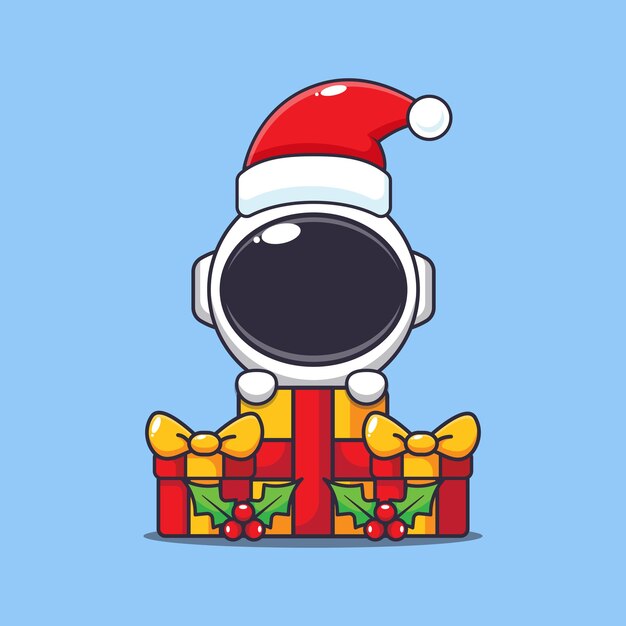 Leuke astronaut blij met kerstcadeau Leuke kerst cartoon personage illustratie