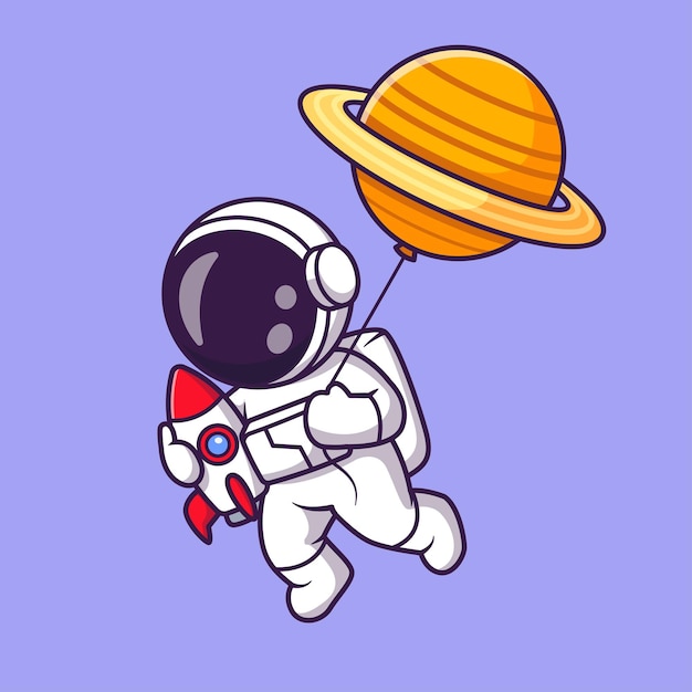 Vector leuke astronaut brengt planeetballon en raket cartoon vector icon illustration science technology