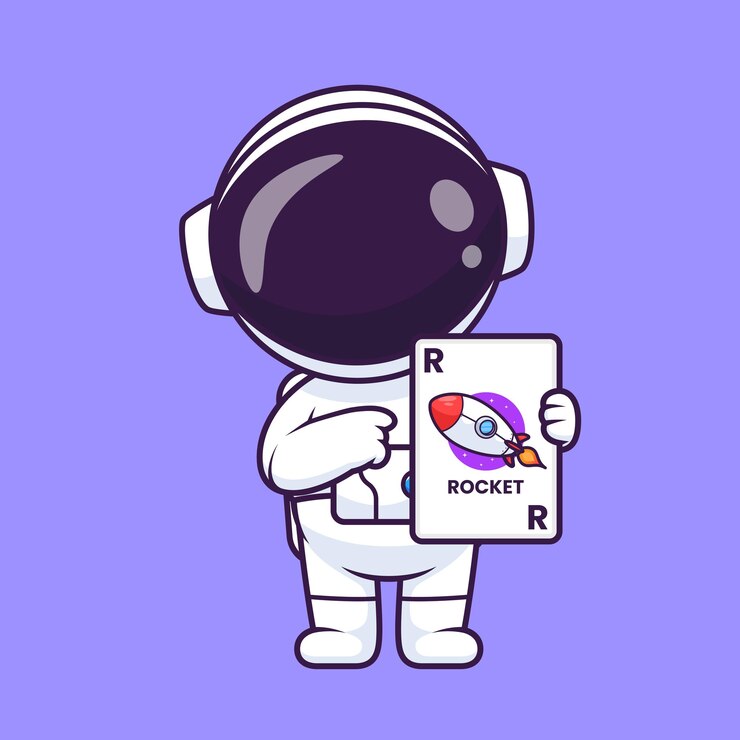 Vector leuke astronaut die een raket vasthoudt kaartspel cartoon vector icon illustratie wetenschap technologie geïsoleerd