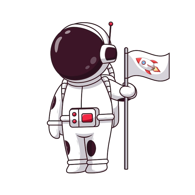 Leuke astronaut die een raketvlag houdt. astronaut pictogram concept